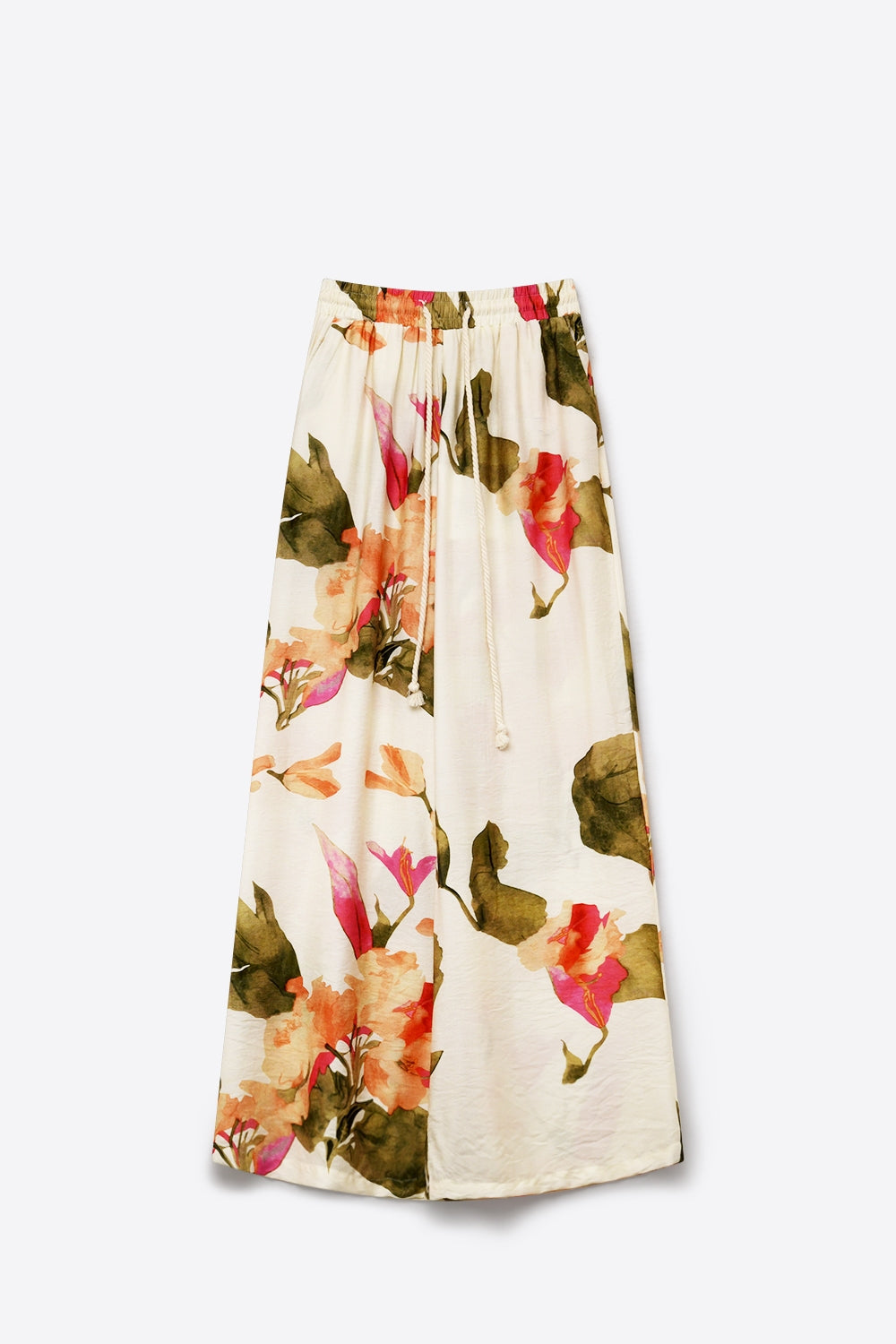 Pantalon large à imprimé floral crème avec taille élastique