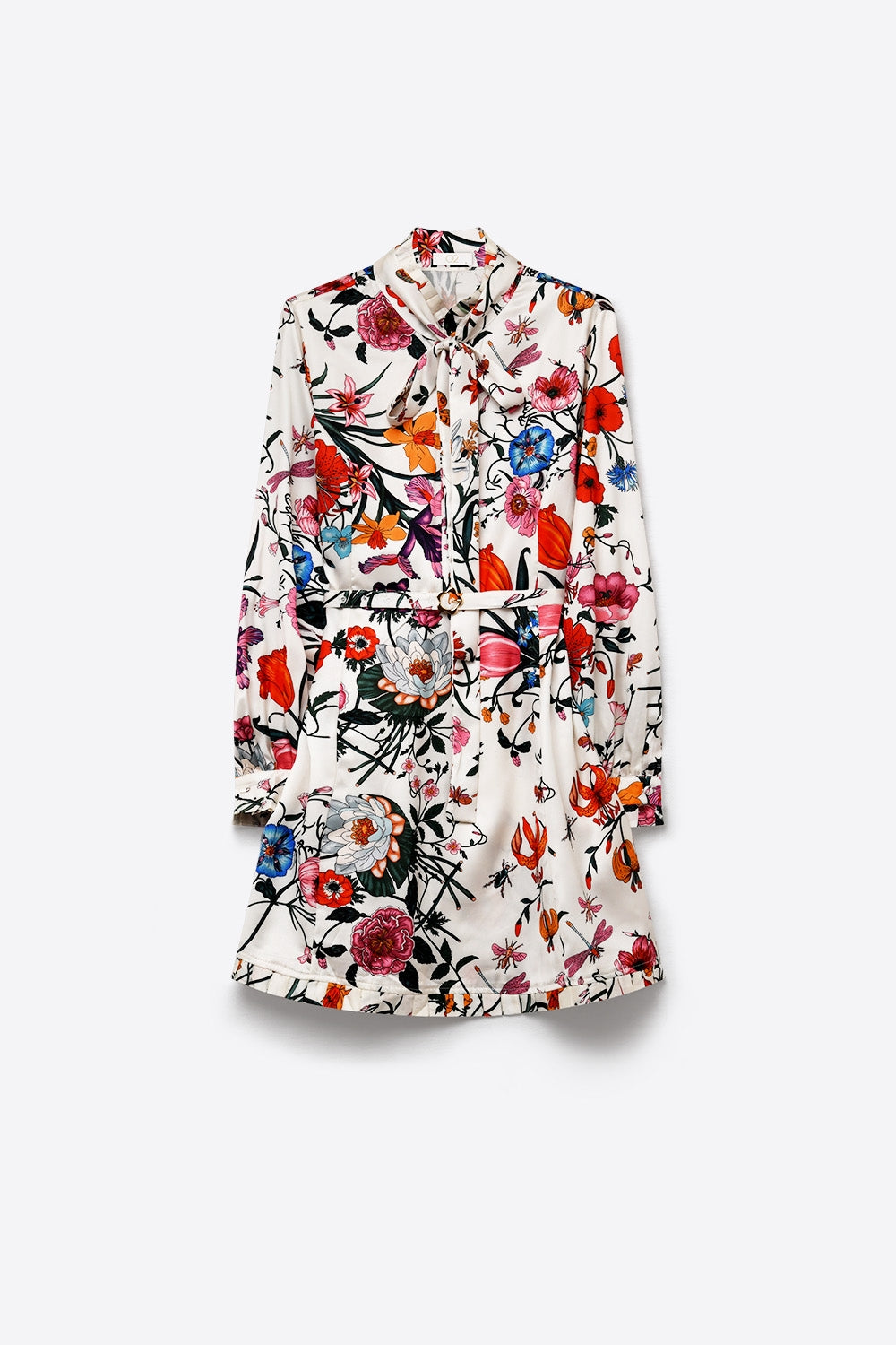 Robe courte à manches longues en tissu léger à imprimé floral blanc avec ceinture