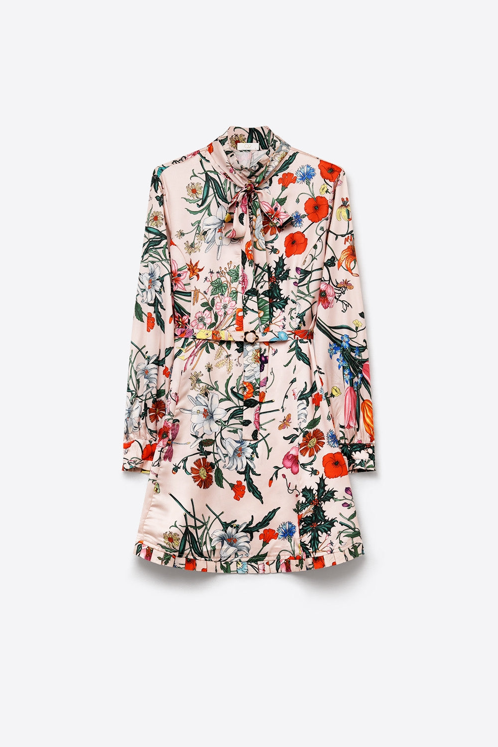 Robe Mini à Col Cravate en Satin Imprimé Floral Rose Ceinturée
