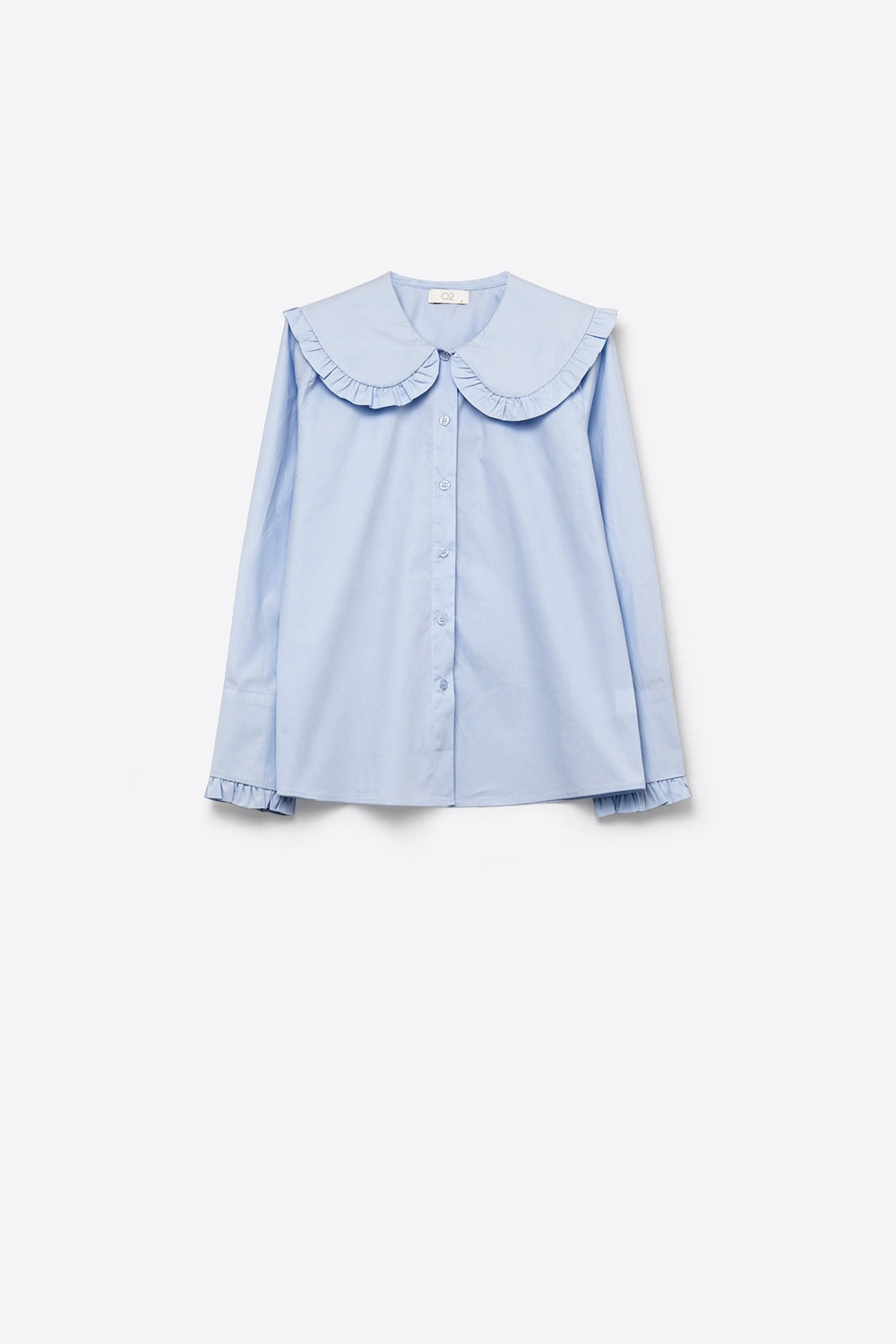 Chemise à manches longues à col à volants en popeline bleu clair coupe classique