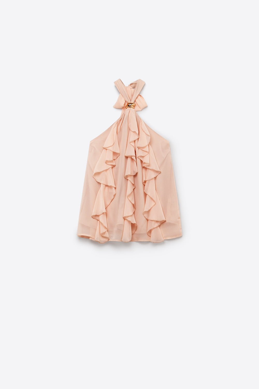 Haut sans manches à encolure licou avec détails à volants en chiffon de couleur rose clair