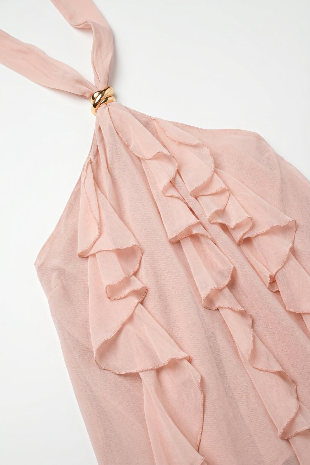 Haut sans manches à encolure licou avec détails à volants en chiffon de couleur rose clair