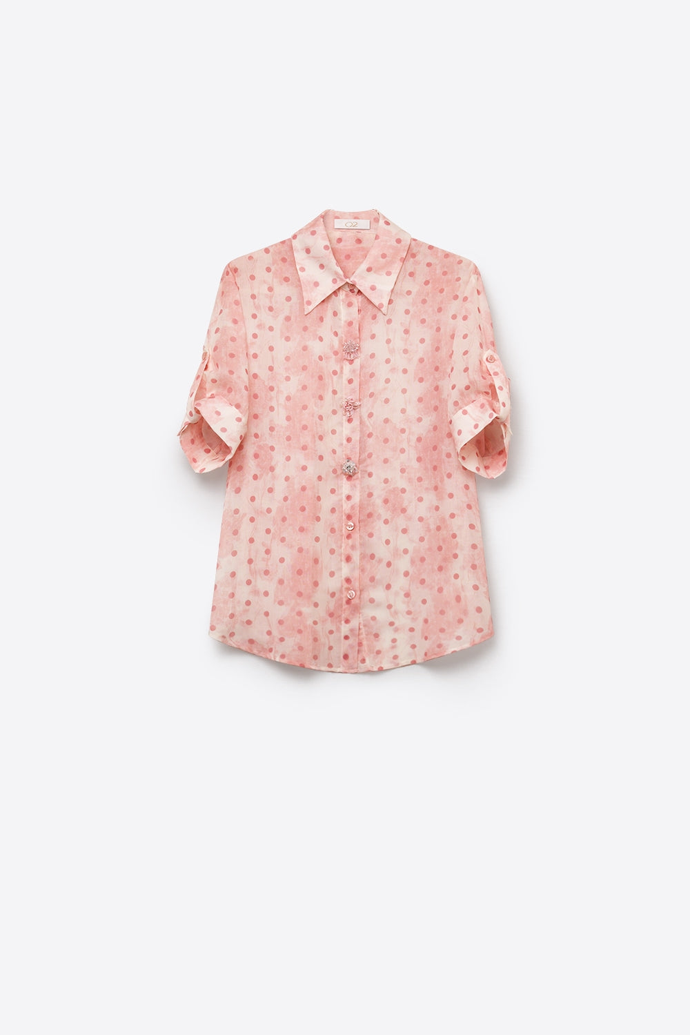 Chemise en mousseline de soie rose clair à pois avec détails boutons en cristal