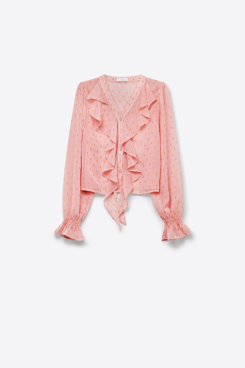 Blouse à boutons en mousseline à volants et pois dorés en rose clair