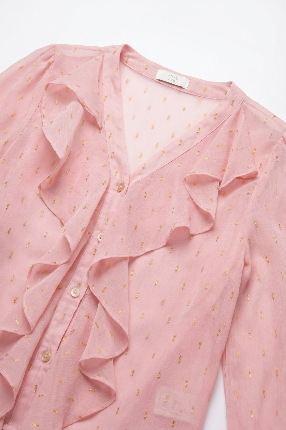 Blouse à boutons en mousseline à volants et pois dorés en rose clair
