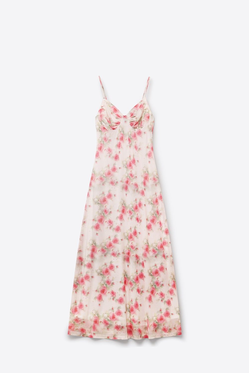 Robe longue à imprimé floral crème avec bustier froncé en tissu mesh