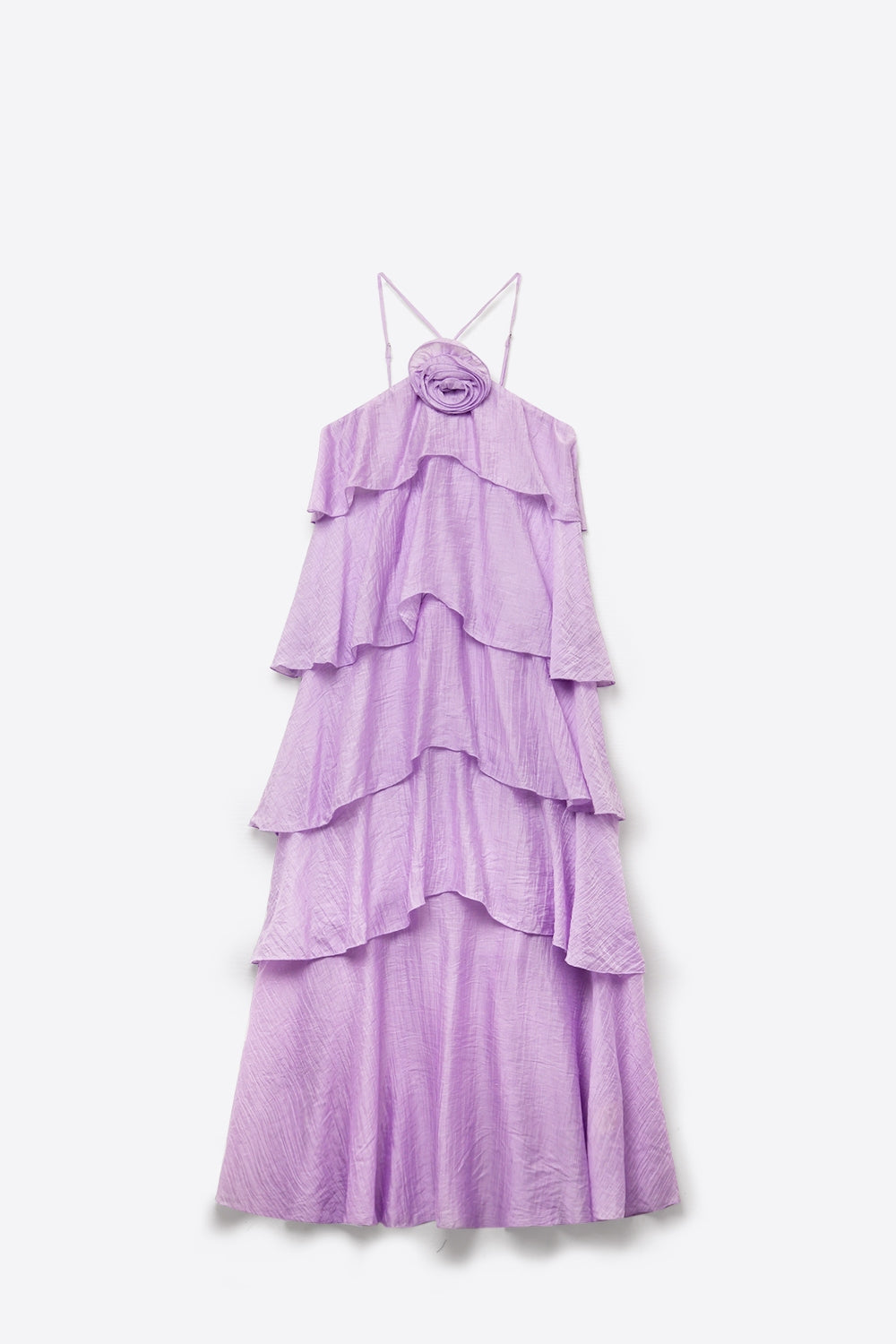 Robe Maxi Lilas à Volants Plissés en Tissu Tissé avec Détail de Rose