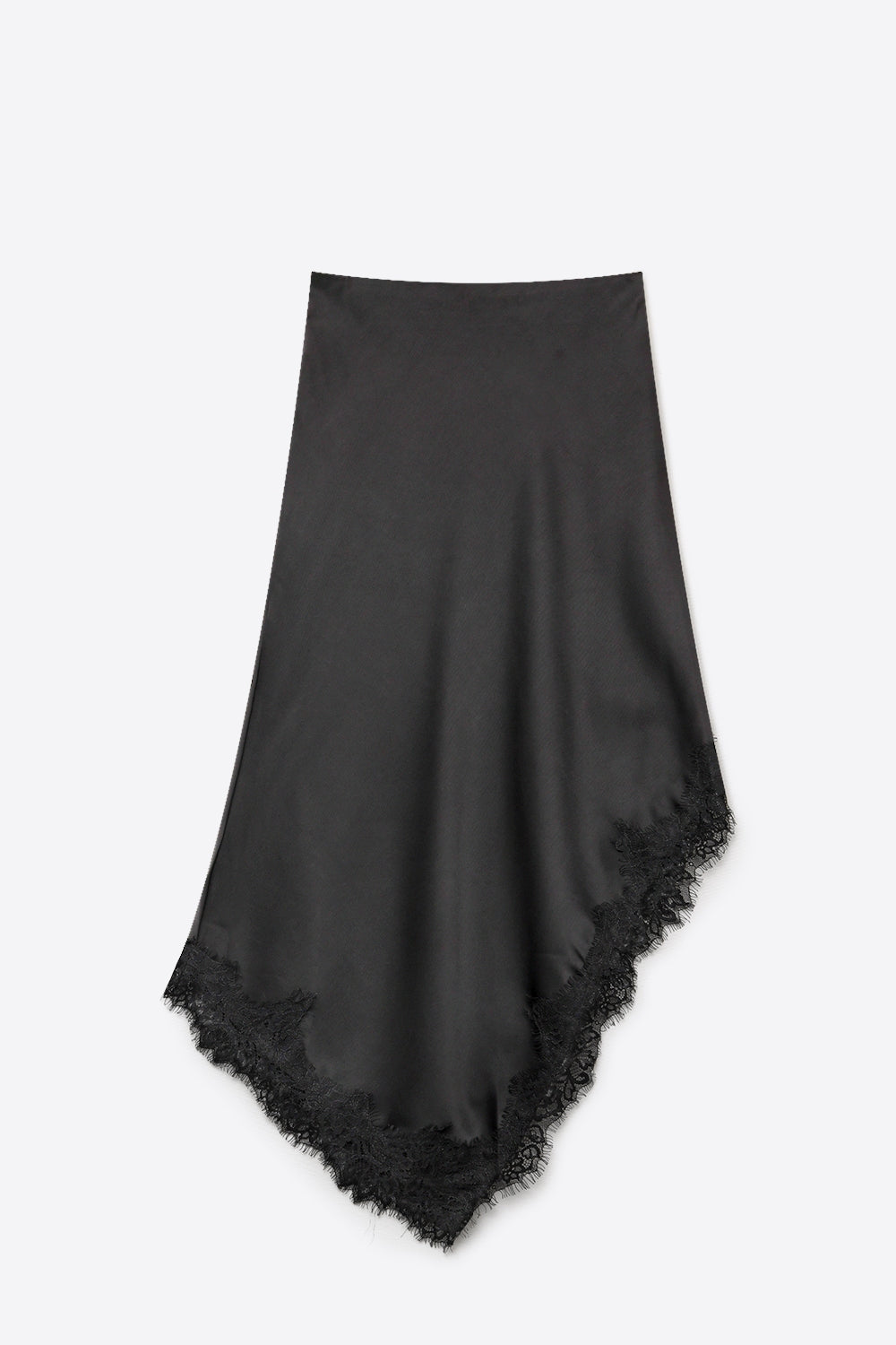 Jupe Midi Asymétrique en Satin Noir avec Bordure en Dentelle