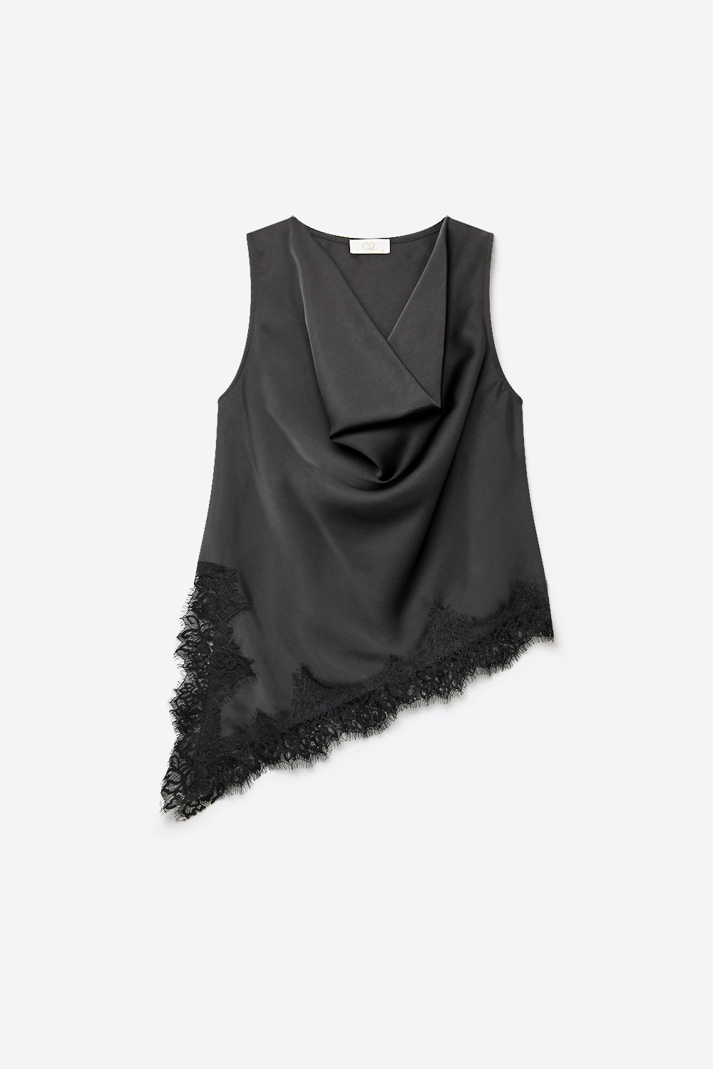 Top sans manches à ourlet asymétrique avec garniture en dentelle noire en satin