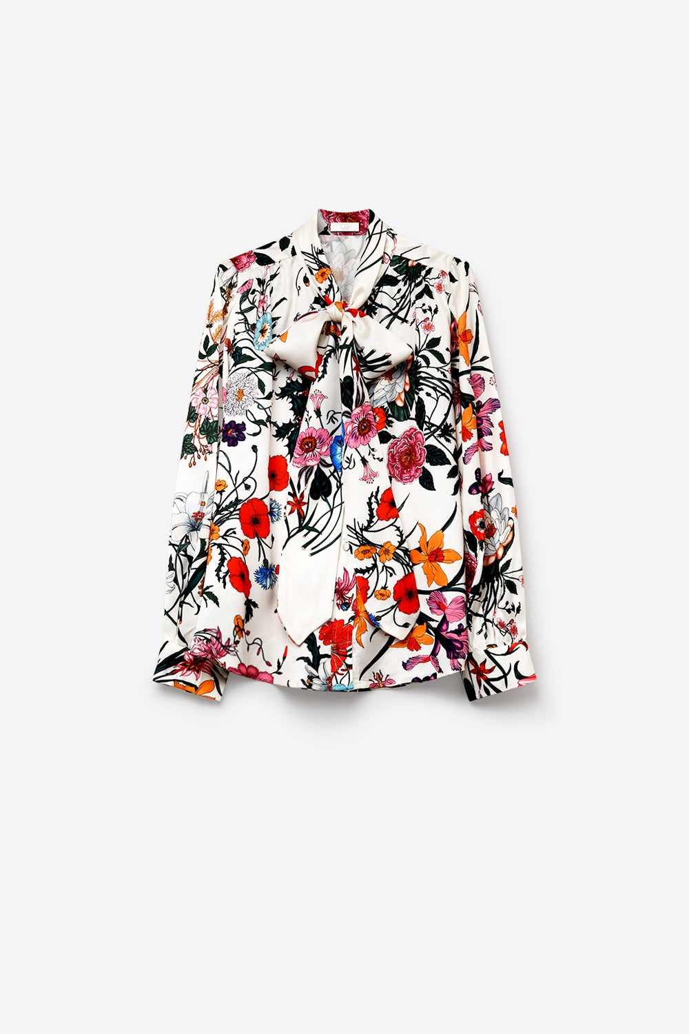 Blouse à manches longues en satin à imprimé floral blanc avec col à nouer