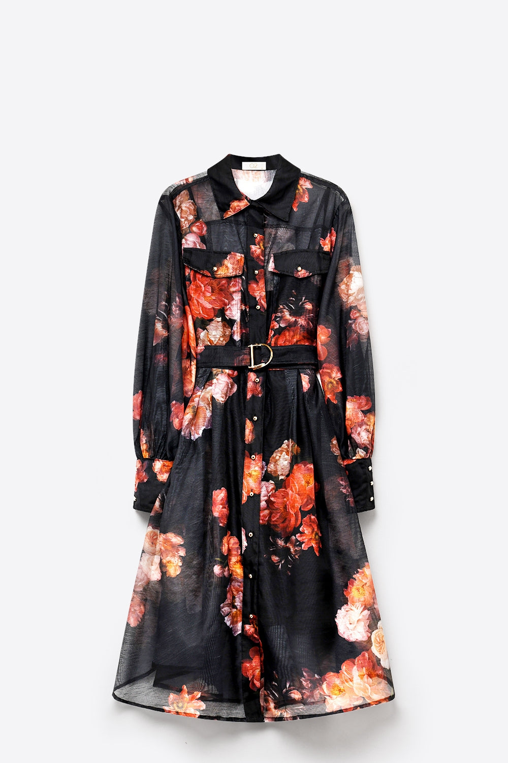 Robe-chemise midi noire à imprimé floral transparent avec ceinture et manches longues