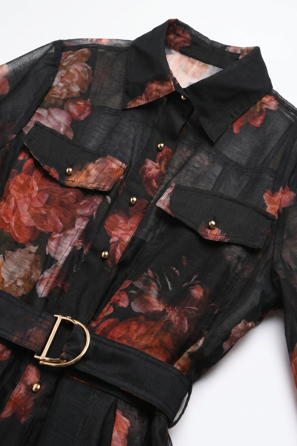 Robe-chemise midi noire à imprimé floral transparent avec ceinture et manches longues