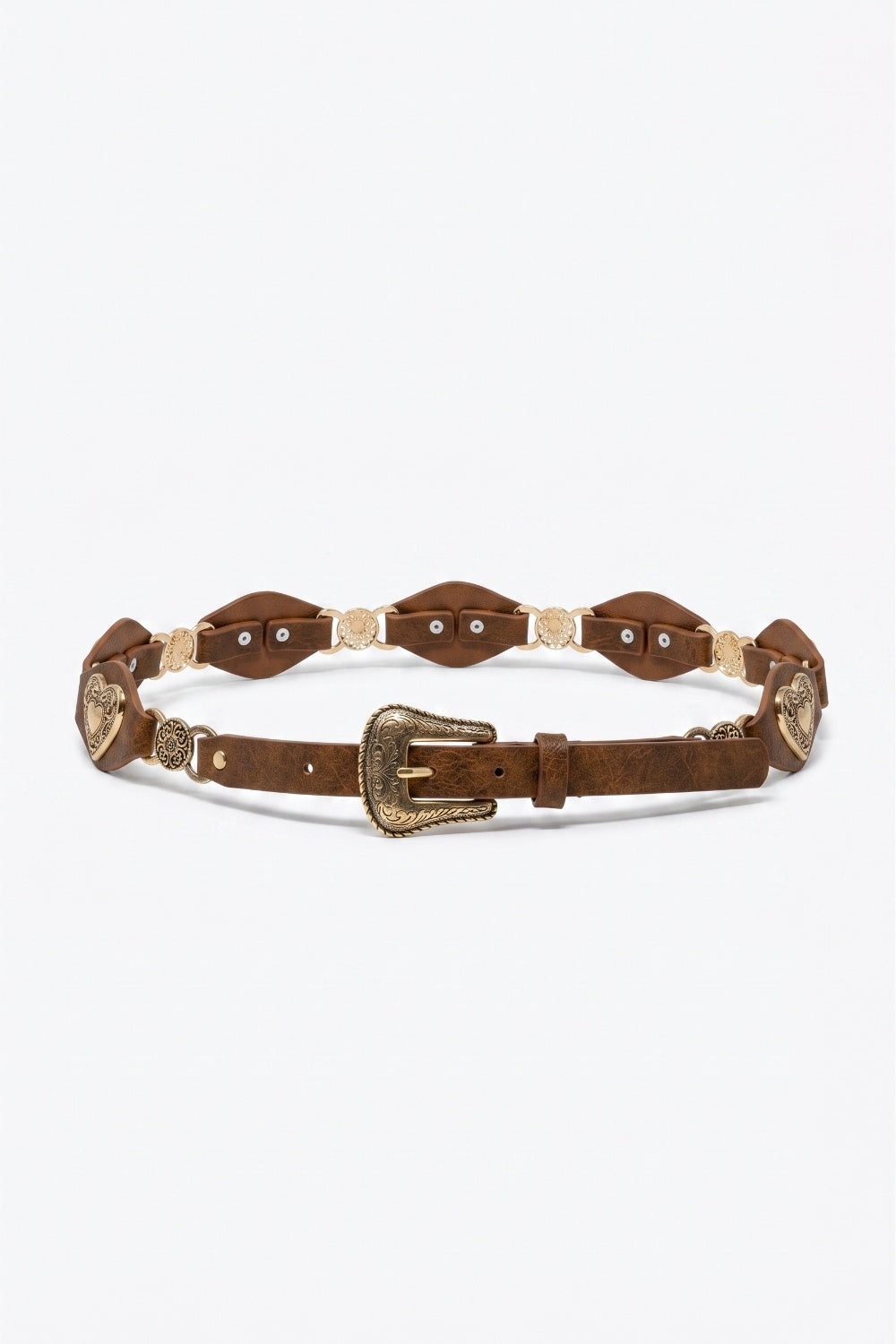 Ceinture marron en similicuir avec boucle en forme de cœur dorée et détails Western