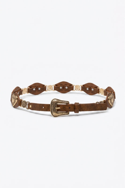 Ceinture marron en similicuir avec boucle en forme de cœur dorée et détails Western