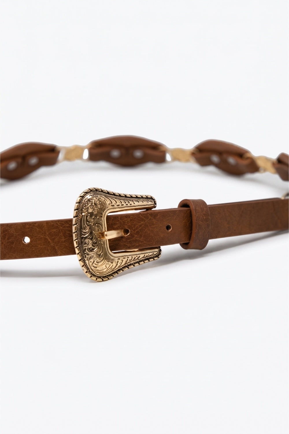 Ceinture marron en similicuir avec boucle en forme de cœur dorée et détails Western