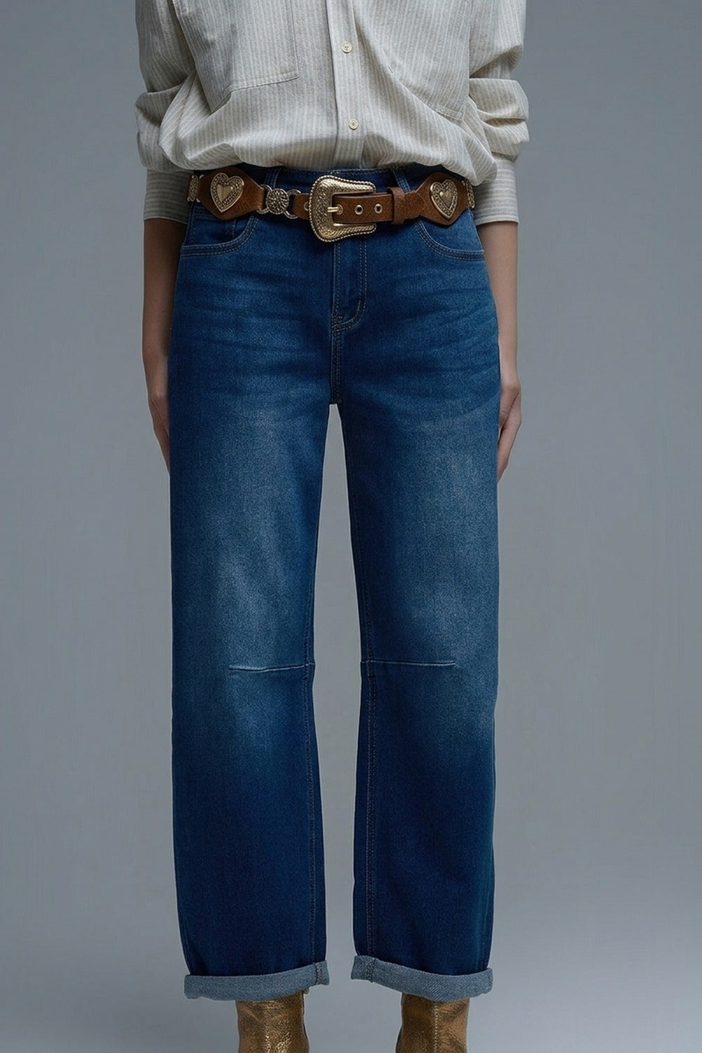 Ceinture marron en similicuir avec boucle en forme de cœur dorée et détails Western