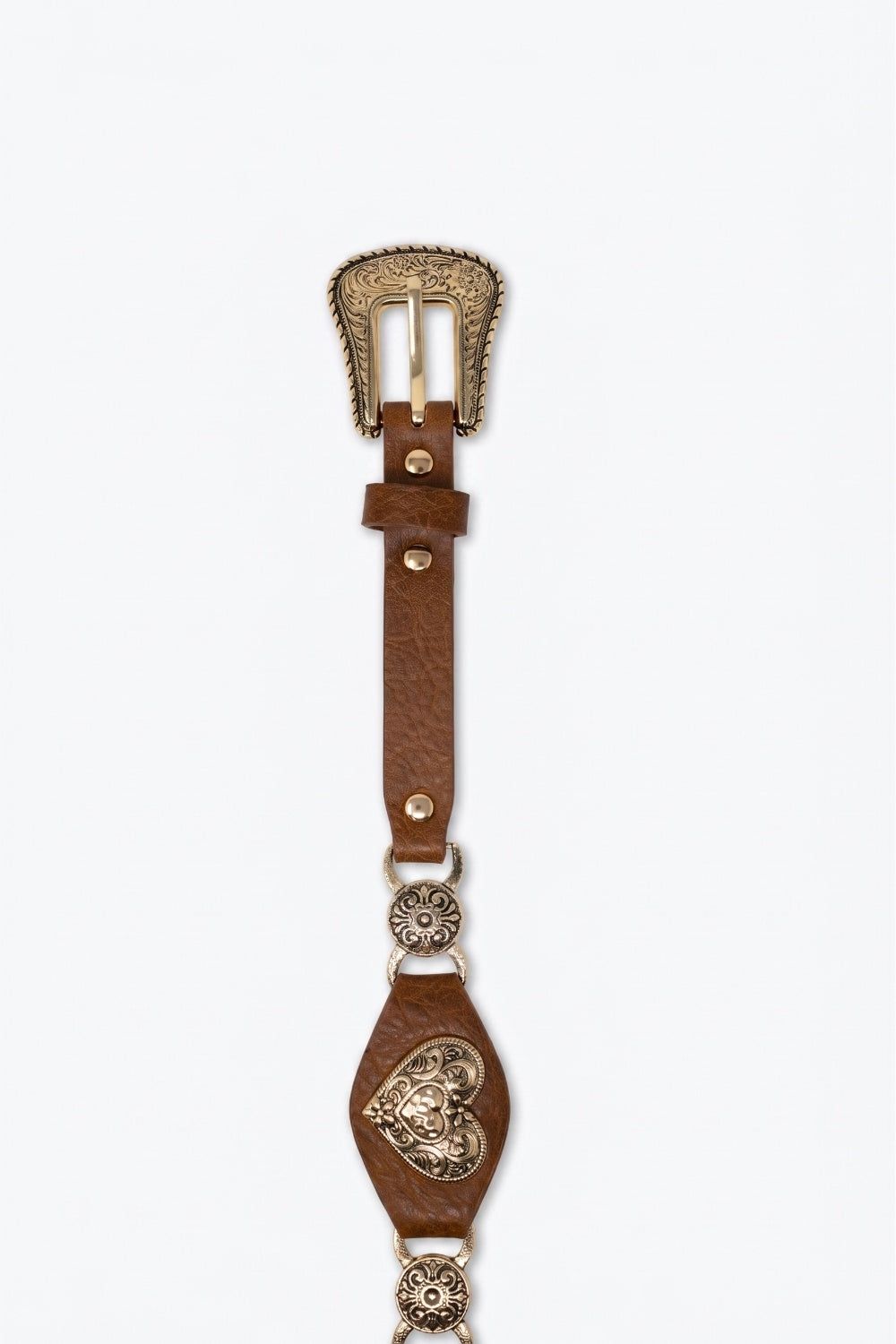 Ceinture marron en similicuir avec boucle en forme de cœur dorée et détails Western