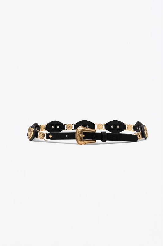 Ceinture noire en similicuir ornée de coeurs avec boucle western