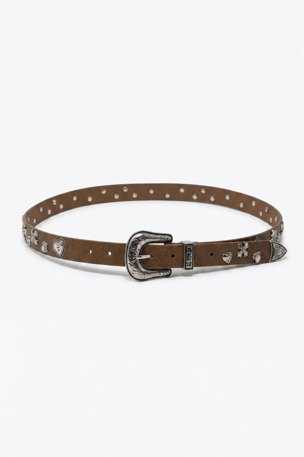 Ceinture Camel en Similicuir avec Boucle Western et Garniture de Clous Argentés
