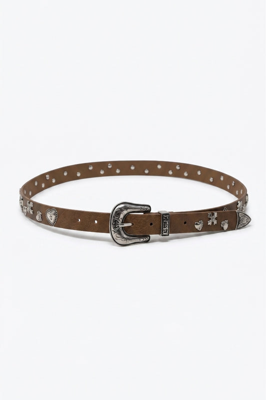 Ceinture Camel en Similicuir avec Boucle Western et Garniture de Clous Argentés