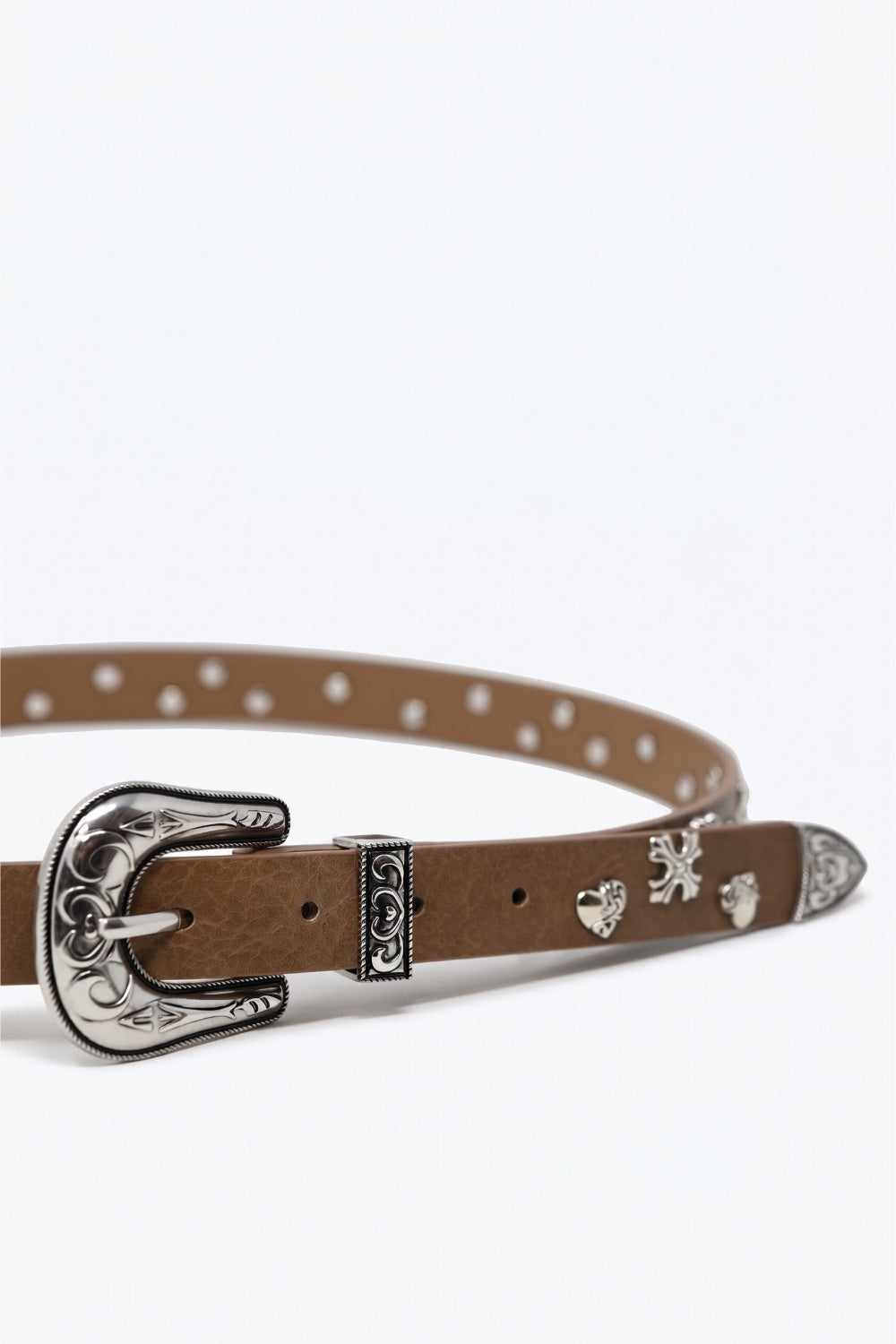 Ceinture Camel en Similicuir avec Boucle Western et Garniture de Clous Argentés