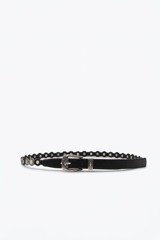 Ceinture noire en faux cuir à œillets et clous avec boucle western fine