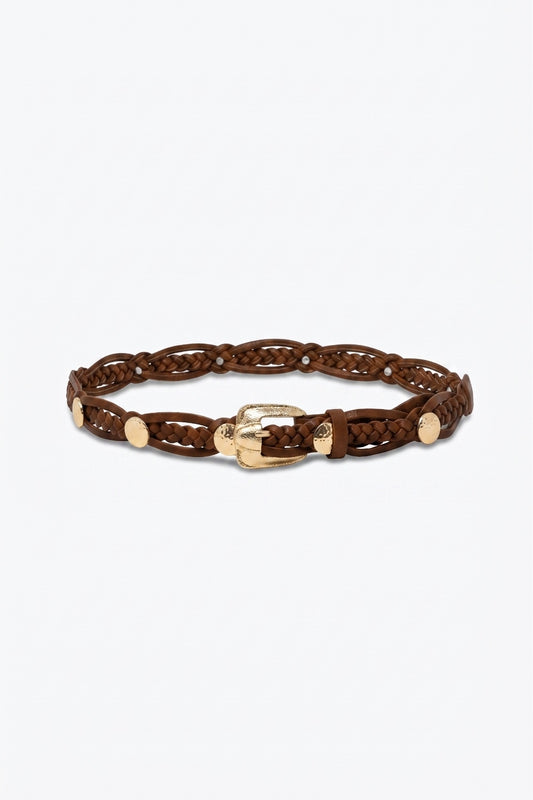 Ceinture marron en faux cuir tressé avec détail de boucle dorée