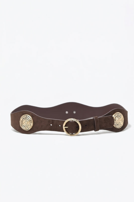 Ceinture de taille marron en fausse suédine avec détail boucle rosette dorée