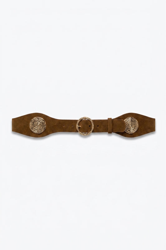 Ceinture large en daim marron avec boucle dorée en spirale