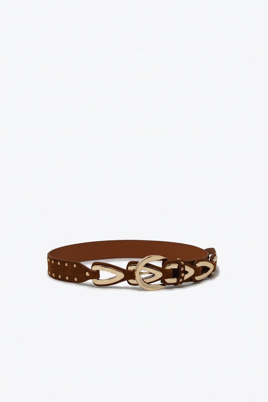 Ceinture à taille avec boucle western marron en similicuir clouté