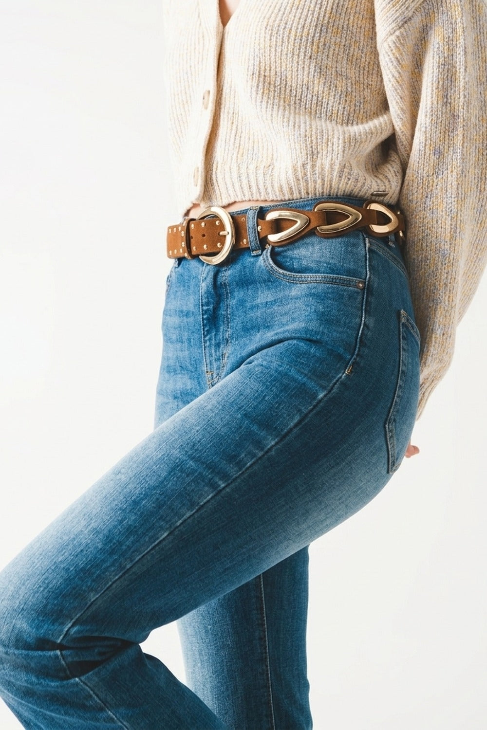 Ceinture à taille avec boucle western marron en similicuir clouté