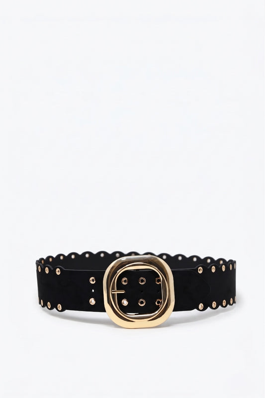 Ceinture noire en similicuir avec boucle dorée et œillets à bord festonné
