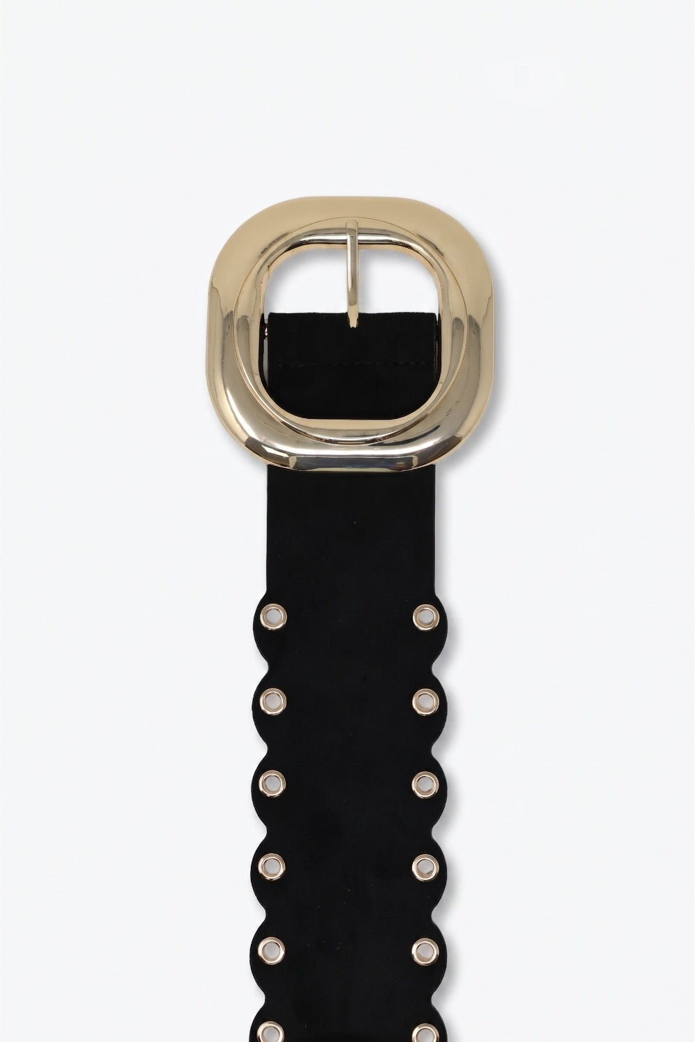 Ceinture noire en similicuir avec boucle dorée et œillets à bord festonné