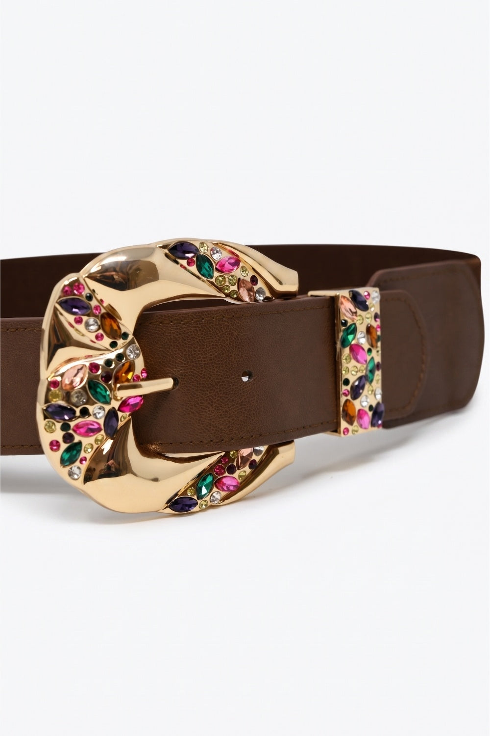 Ceinture large en simili cuir marron choco à boucle florale dorée