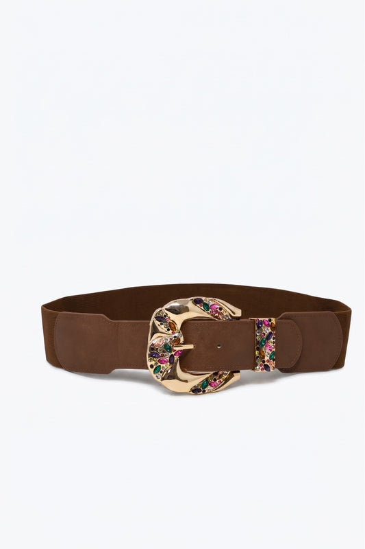 Ceinture large en similicuir marron avec boucle dorée multicolore ornée