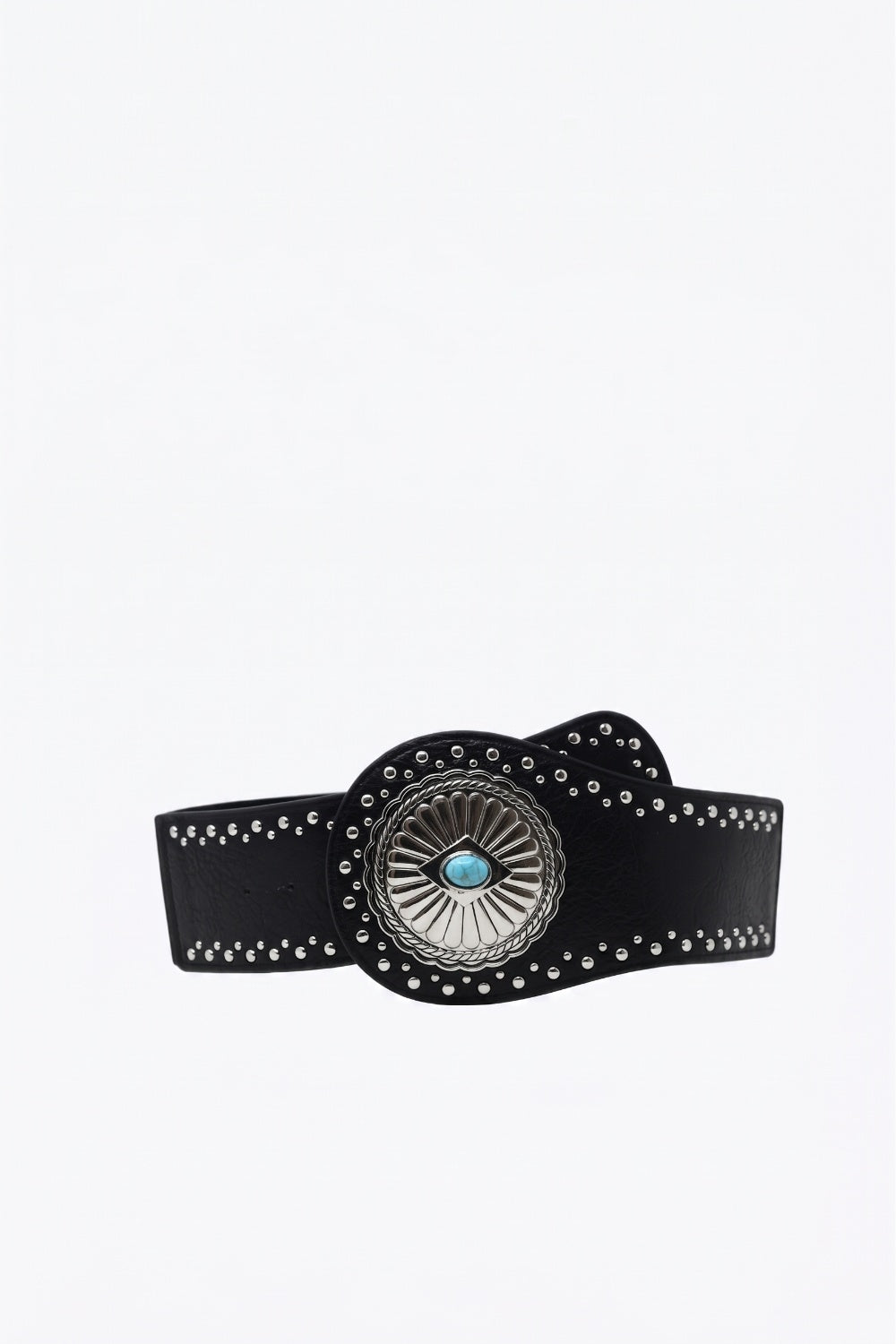 Ceinture Large Noire en Similicuir Cloutée Argentée avec Concho Turquoise