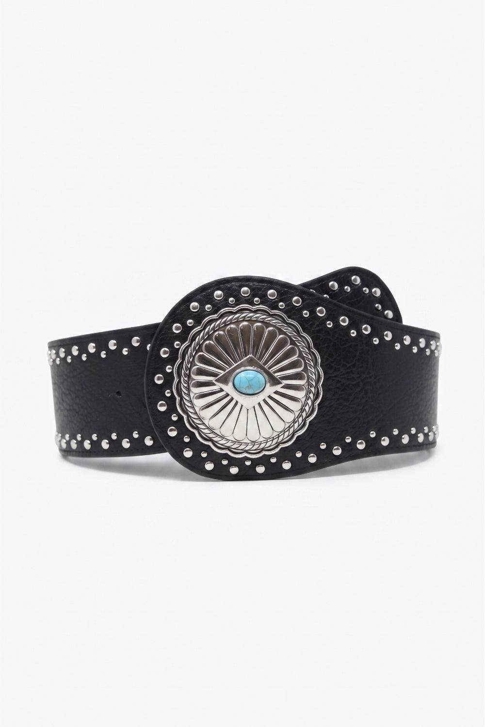 Ceinture Large Noire en Similicuir Cloutée Argentée avec Concho Turquoise