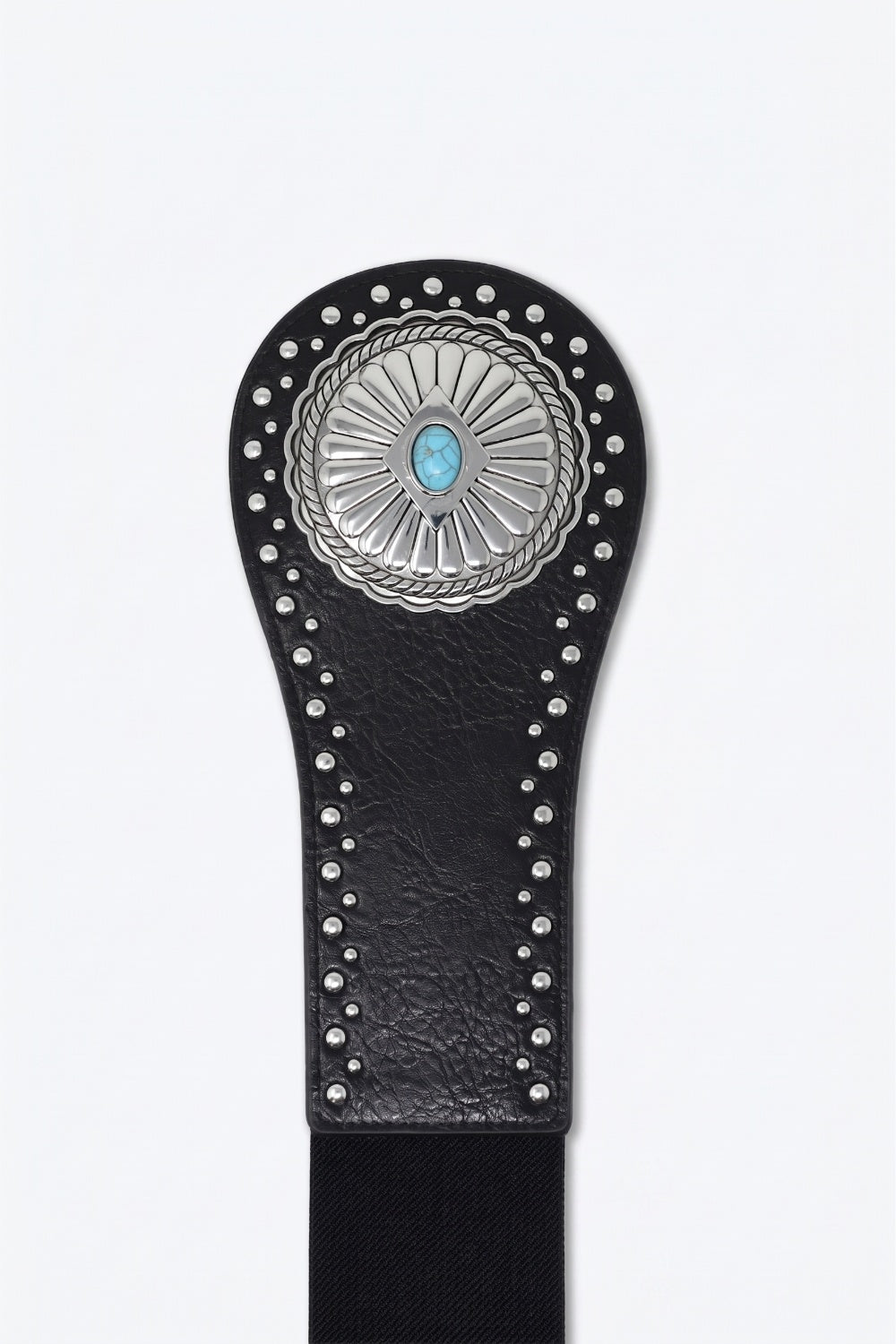 Ceinture Large Noire en Similicuir Cloutée Argentée avec Concho Turquoise