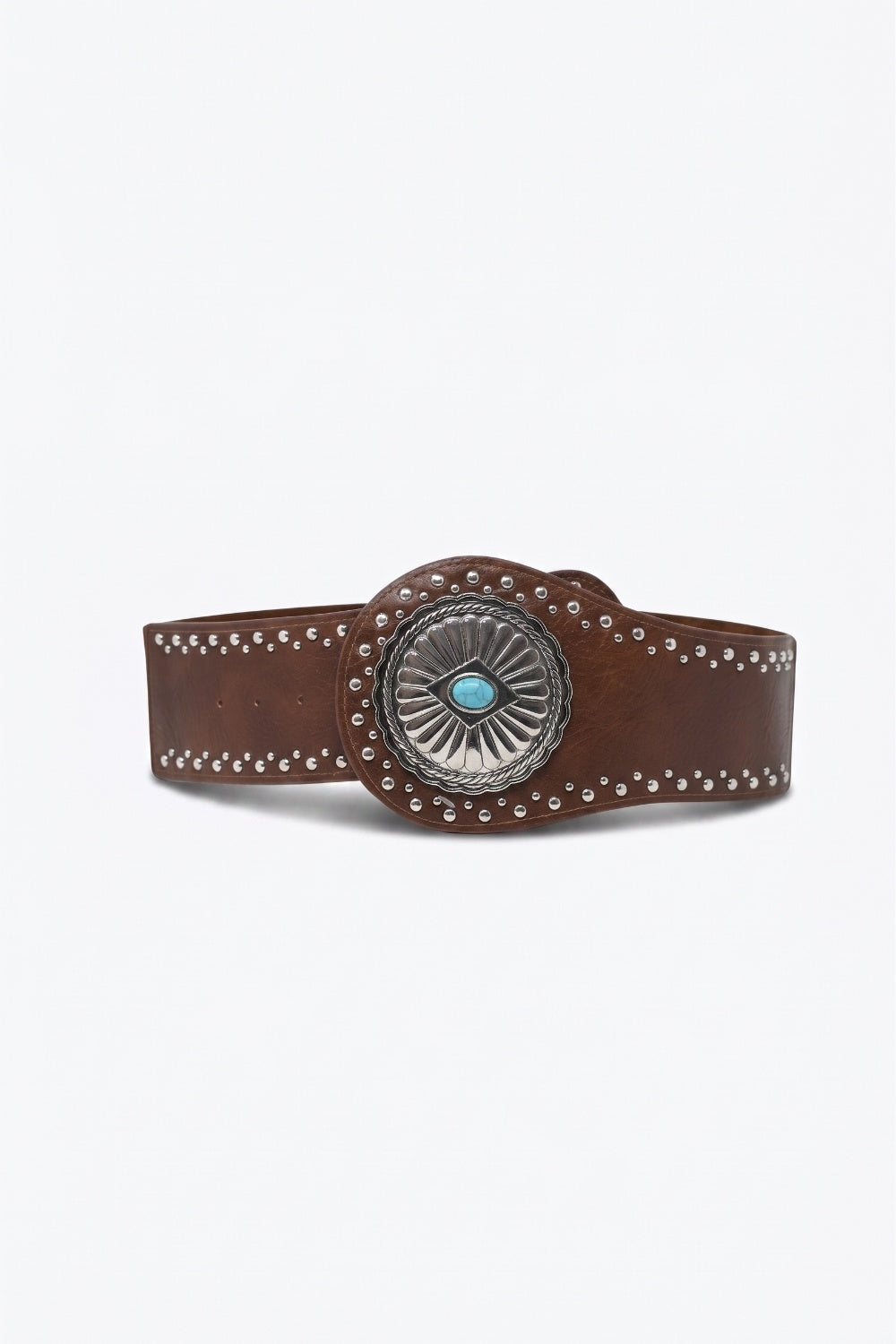 Ceinture large en similicuir marron avec clous argentés et boucle turquoise