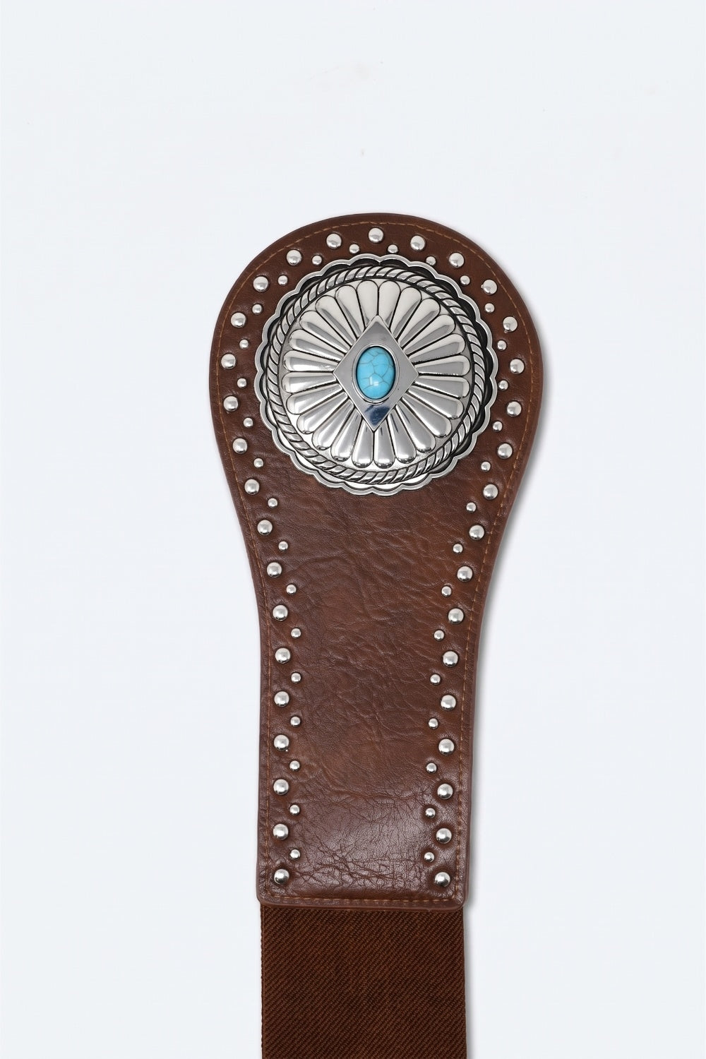 Ceinture large en similicuir marron avec clous argentés et boucle turquoise