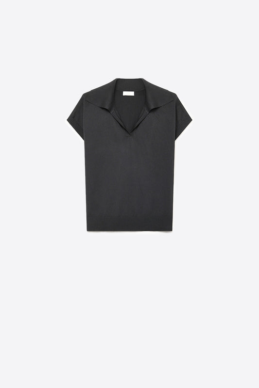Top noir en maille fine avec col polo ourlet côtelé coupe régulière