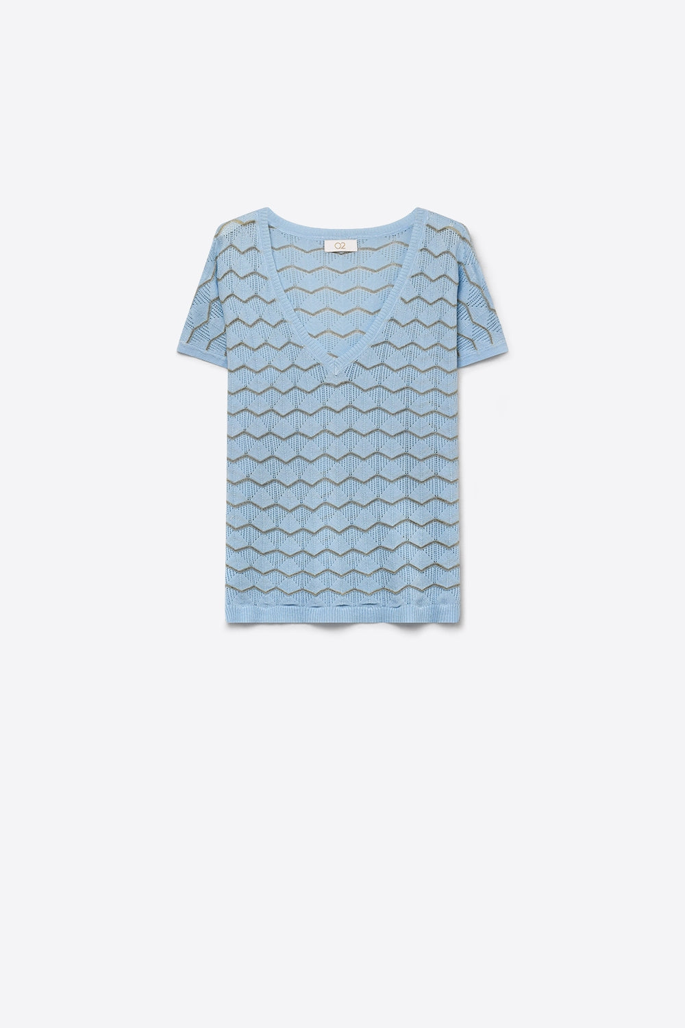 Pull à manches courtes et col en V en maille fine avec motif chevron bleu clair