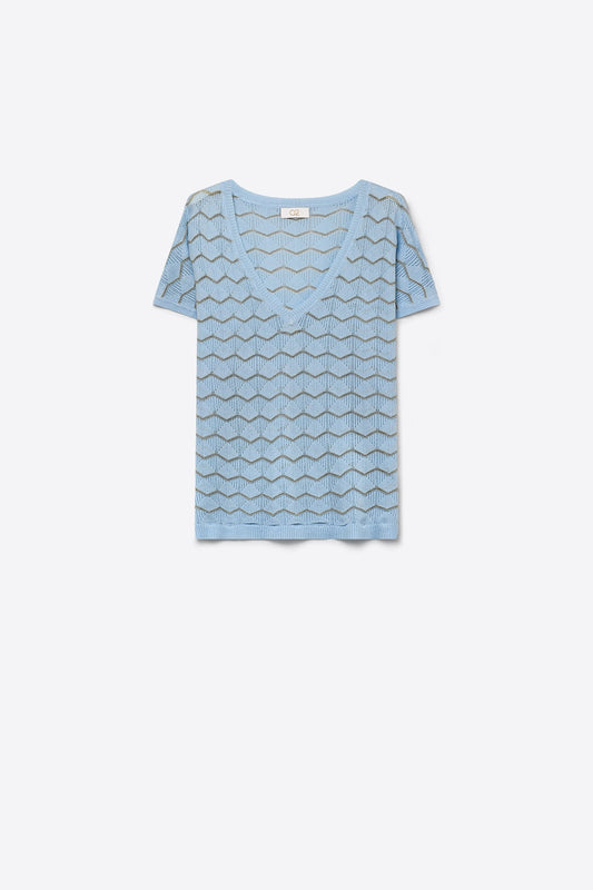 Pull à manches courtes et col en V en maille fine avec motif chevron bleu clair
