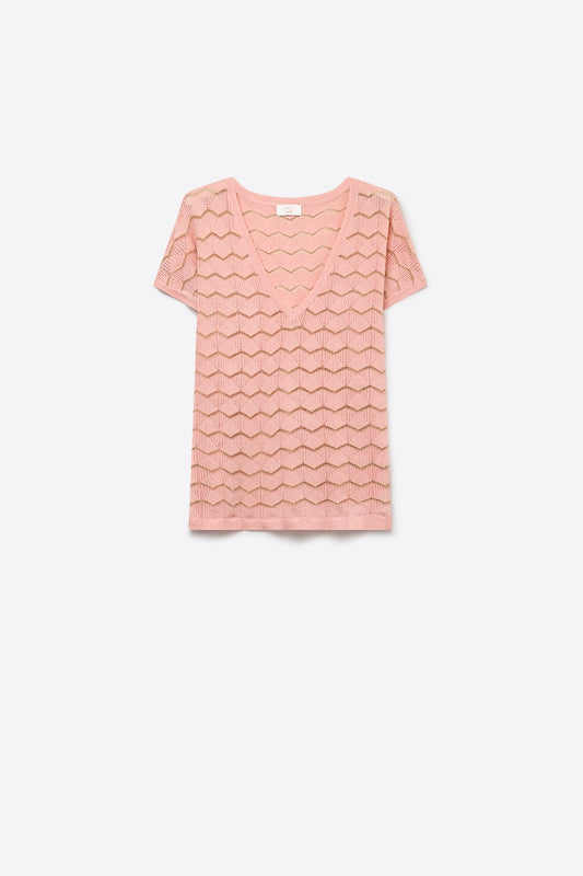 pull à manches courtes en maille fine à chevrons rose pâle avec col en V