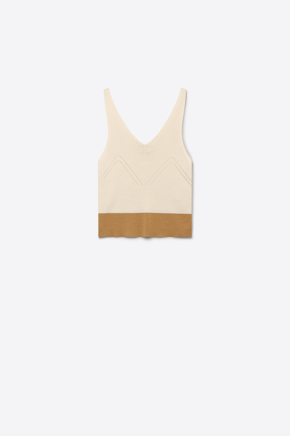Débardeur court beige en maille côtelée à encolure en V et à blocs de couleurs