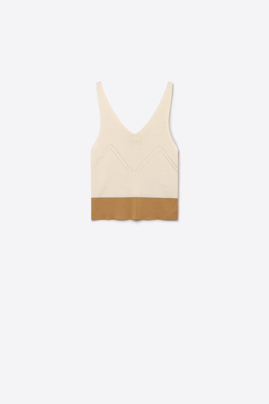 Débardeur court beige en maille côtelée à encolure en V et à blocs de couleurs