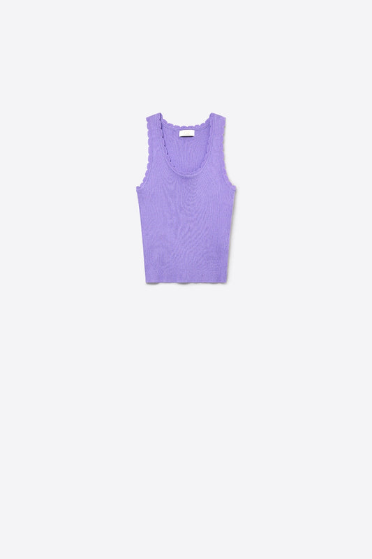 Top Court Sans Manches à Bord Festonné en Tricot Côtelé Lilas