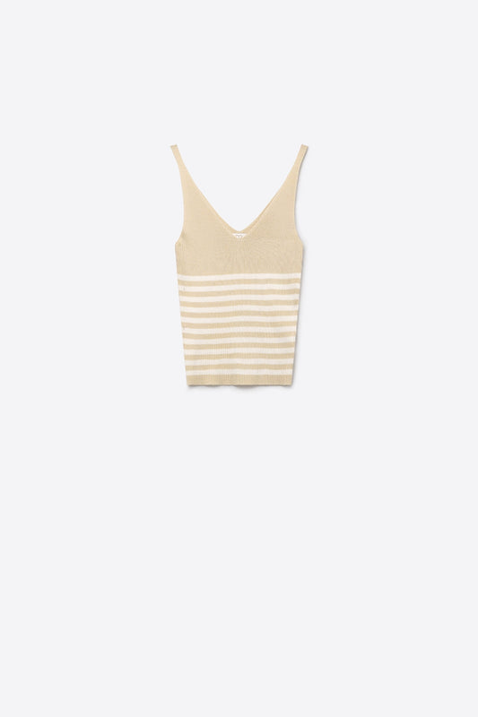 Débardeur ajusté à col en V en maille côtelée à rayures beige