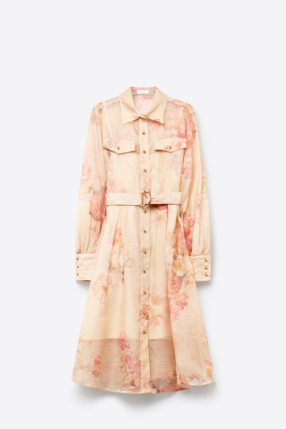 Robe-chemise midi en mousseline à imprimé floral beige avec ceinture et boutons dorés