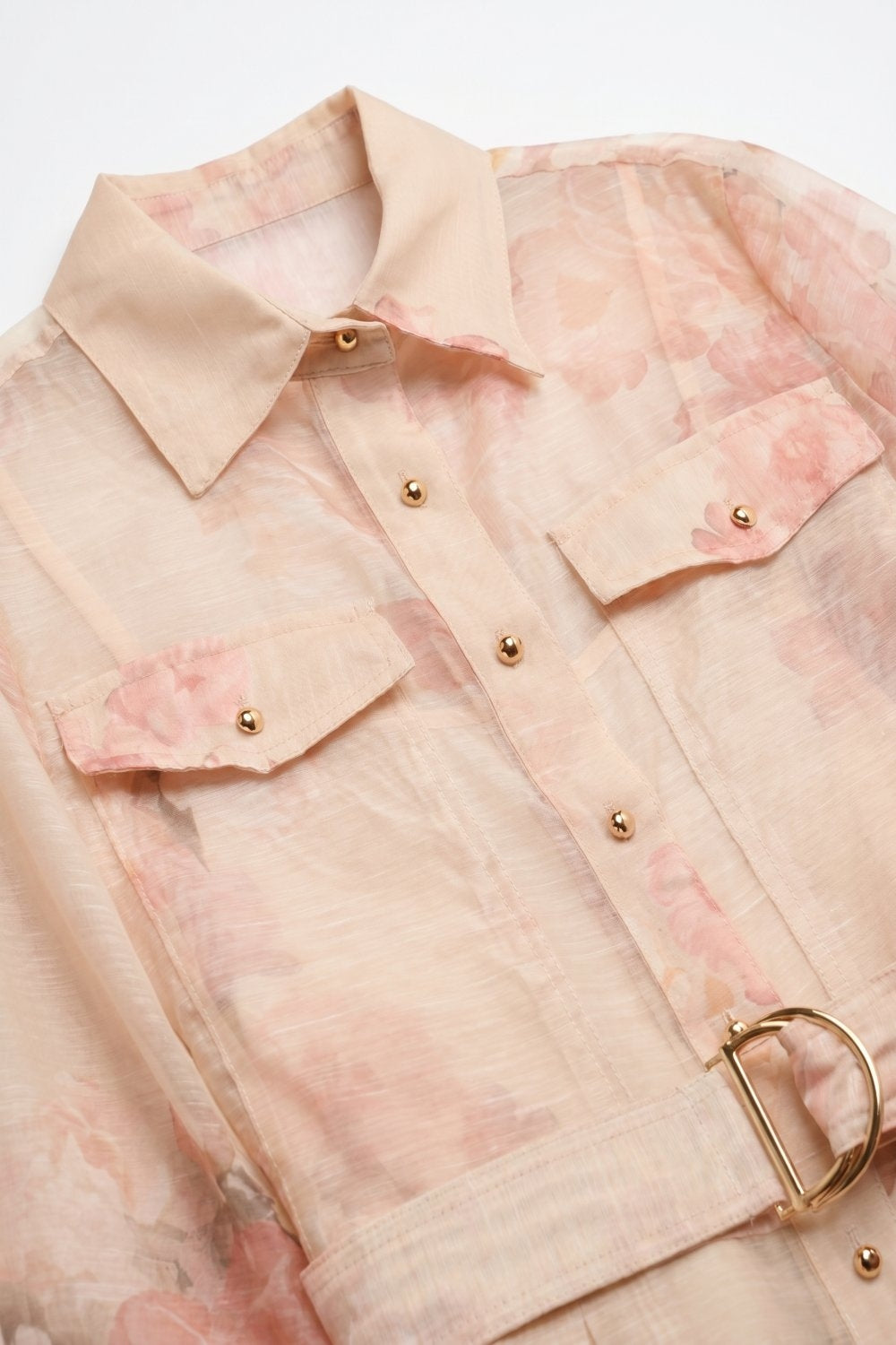 Robe-chemise midi en mousseline à imprimé floral beige avec ceinture et boutons dorés